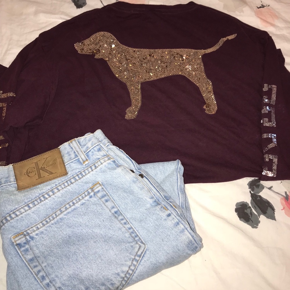 Pink Blinged Burgundy Long Sleeve